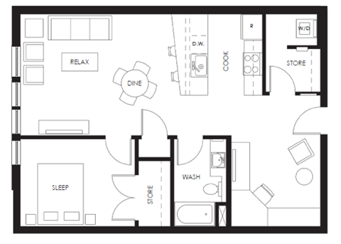 Floor plan for 1 bed, 1 bath, 801 sqft